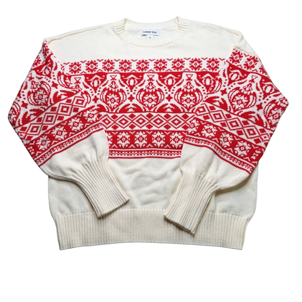 Lands End Sweater Womens White Red Fair Isle Knit Nordic Preppy Medium 10-12